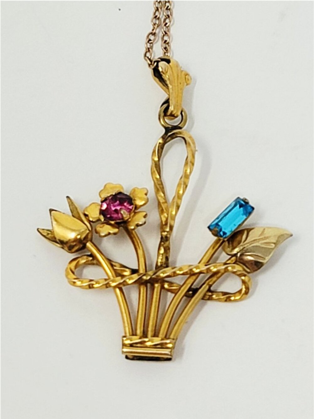 Vintage Rainbow Gold Filled Floral Necklace Rhinestone Bouquet Pink Blue Retro